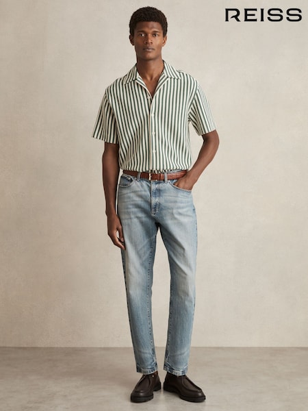 Reiss Green/White Trig Textured Stripe Cuban-Collar Shirt (F18360) | ₪714