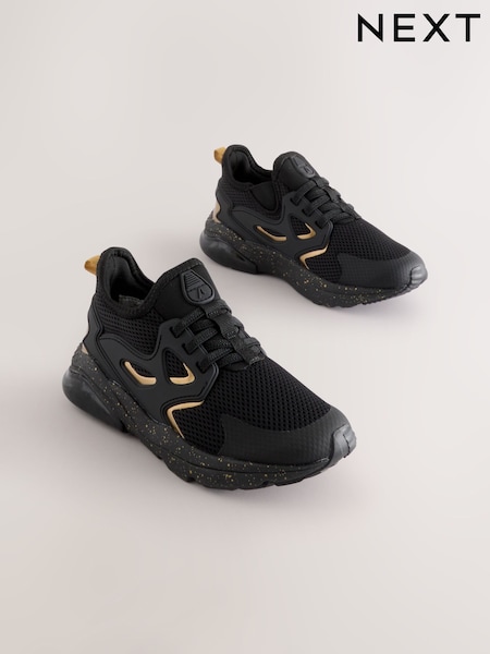 Black/Gold Wide Fit (G) Elastic Lace Trainers (F18566) | €33 - €37