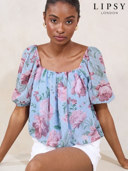 Lipsy Blue Square Neck Printed Bubble Hem Top (F18570) | ₪191