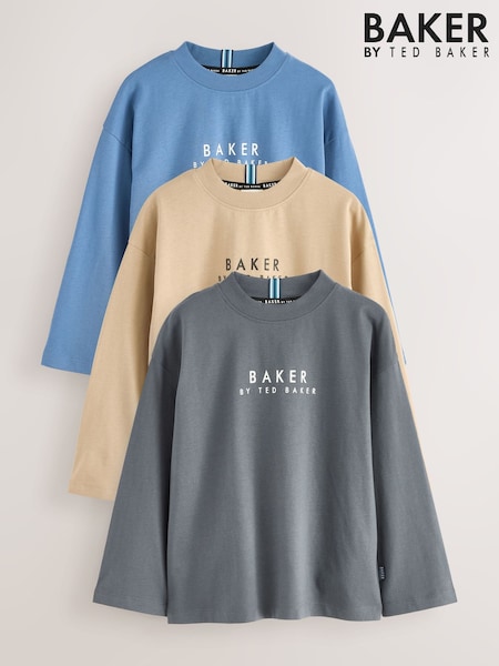 Grey/Stone/Blue - Baker by Ted Baker Cotton Long Sleeve T-Shirts 3 Pack (F18597) | € 39 - € 47