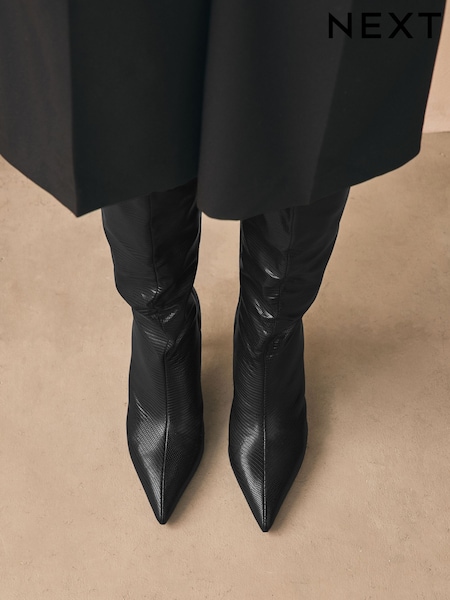 Black Textured Forever Comfort® Knee High Underset Heel Boots (F18677) | R$ 565