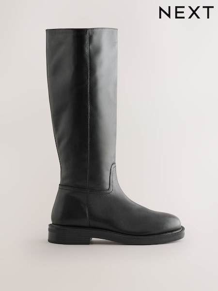 Black Forever Comfort® Leather Round Toe Chunky Knee High Boots (F18687) | €95