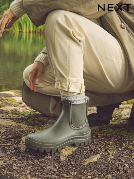 Khaki Green Faux Fur Lined Chelsea Ankle Wellies (F18700) | €40.50