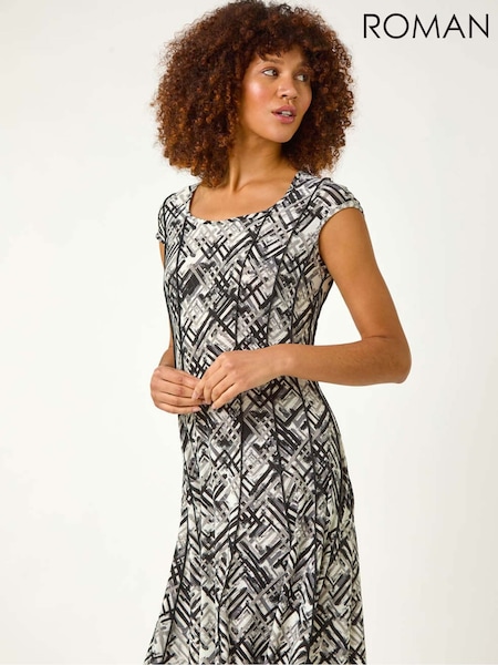 Roman White Cross Hatch Print Stretch Midi Dress (F18722) | €63