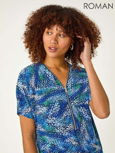 Roman Blue Textured Print Zip Stretch Top (F18776) | €51