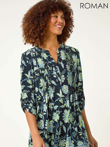 Roman Green Floral Print Pintuck Shirt (F18782) | €56