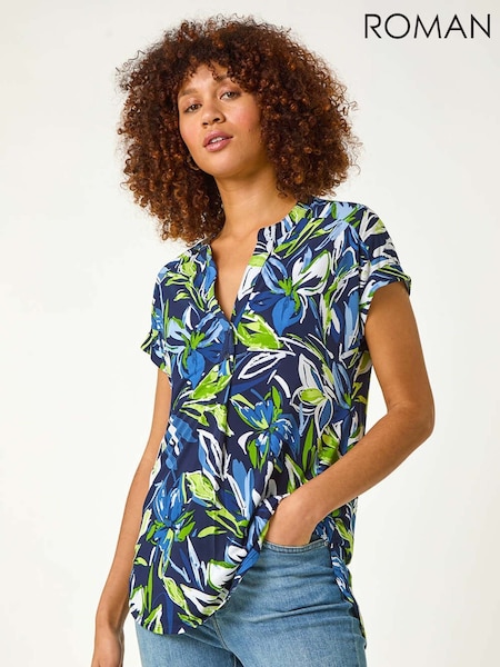 Roman Textured Leaf Print V-Neck Stretch Top (F18789) | ‏226‏₪