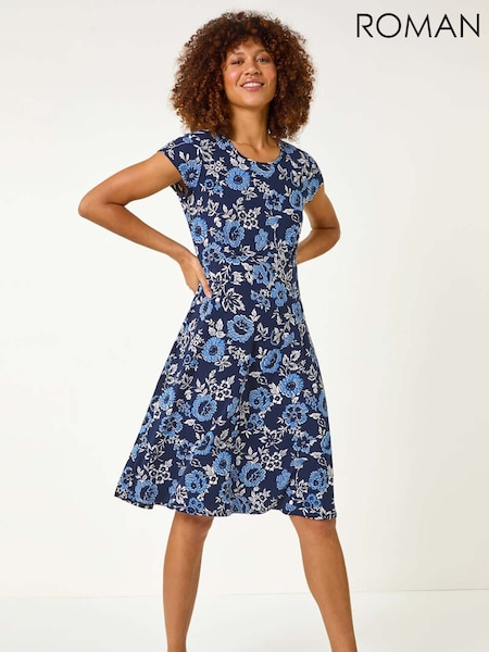 Roman Blue Floral Print Tea Dress (F18790) | €58