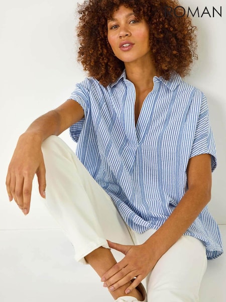 Roman Stripe Pleated Neck 100% Cotton Top (F18793) | ‏201‏₪