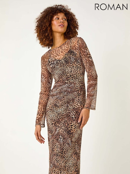 Roman Brown Leopard Mesh Maxi Stretch Dress (F18794) | €77