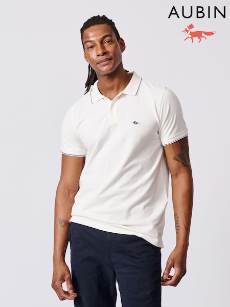 Aubin Percy Tipped 100% Cotton White Polo Shirt (F18850) | ‏297‏₪