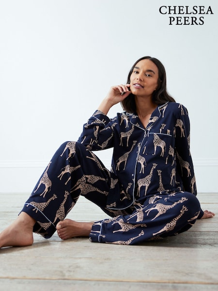 Chelsea Peers Blue Maternity Trouser Pyjamas Maternity Organic Cotton Giraffe Print Long Pyjamas Set (F18938) | AED320