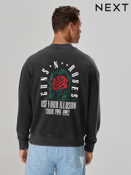 Slate Grey Garment Dye Guns N Roses Licence Graphic Back Print Crew Sweatshirt (F18978) | AED166
