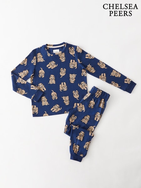 Chelsea Peers Blue Kids Cockapoo Print Crewneck Long Pyjamas Set (F19045) | R$ 275
