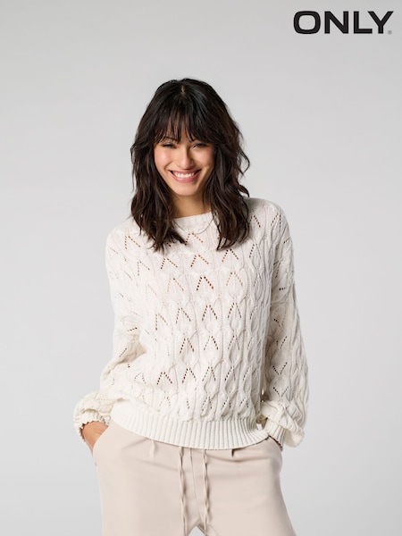 ONLY Cream Boatneck Pointelle Knitted Jumper (F19146) | ₪131