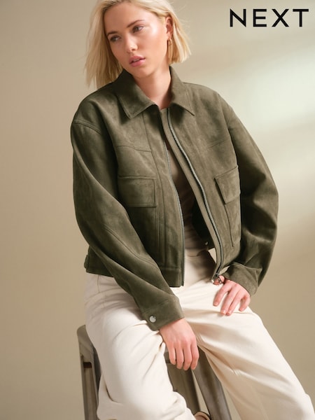 Khaki Green Faux Suede Zip Through Jacket (F19172) | R$ 390