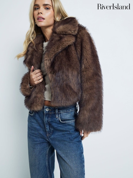 River Island Light Brown Short Plush Faux Fur Jacket (F19258) | ₪382