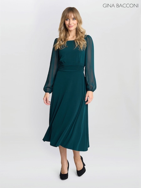 Gina Bacconi Green Piper Chiffon Sleeve Jersey Dress (F19316) | 742 QAR