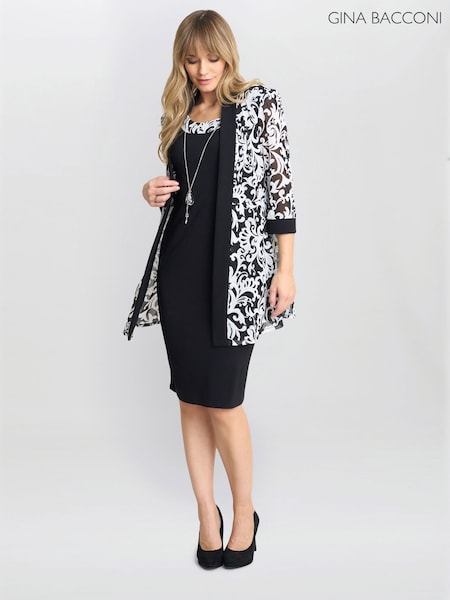 Gina Bacconi Noella Printed Black Dress And Jacket Set With Detachable Necklace (F19326) | €221