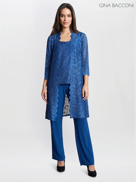 Gina Bacconi Blue Brea Three Piece Metallic Lace Trousers Suit (F19329) | 1,386 QAR