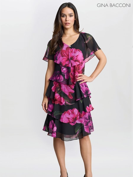 Gina Bacconi Skylar Short Printed Floral Tier Black Dress (F19333) | ₪1,106