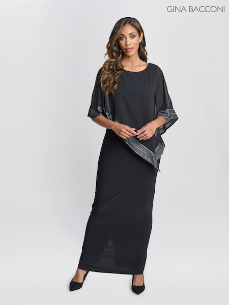 Gina Bacconi Amber Maxi Asymmetrical Cape Black Dress (F19338) | R$ 2,565