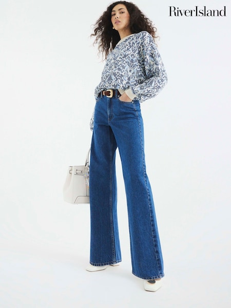 River Island Dark Blue 1 High Waisted Relaxed Straight 100% Cotton Jeans (F19346) | €62