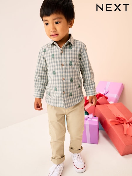 Grey/Ecru Long Sleeve All Over Embroidery Gingham Check Christmas Shirt (3mths-7yrs) (F19354) | €21 - €24