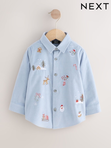 Blue Long Sleeve Christmas Embroidery Character Shirt (3mths-7yrs) (F19355) | €18.50 - €21.50