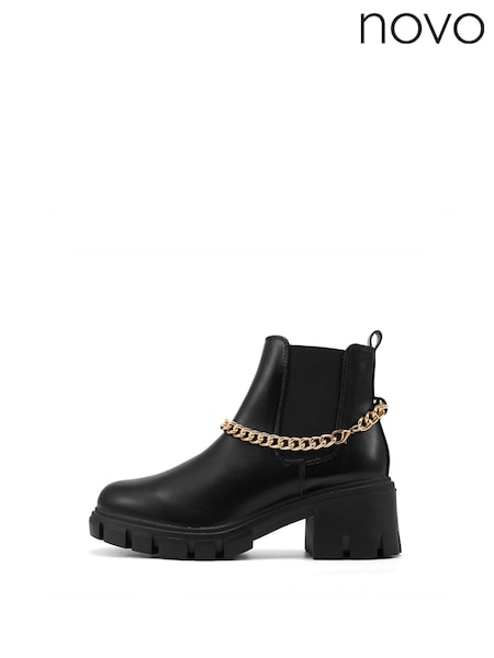 Novo Black Dionysus Chain Detail Chunky Mid Heel Chelsea Boots (F19403) | AED105