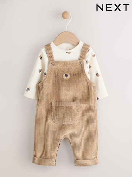 Tan Brown Bear Baby Cord Dungarees and Bodysuit Set (0mths-2yrs) (F19502) | €32 - €35