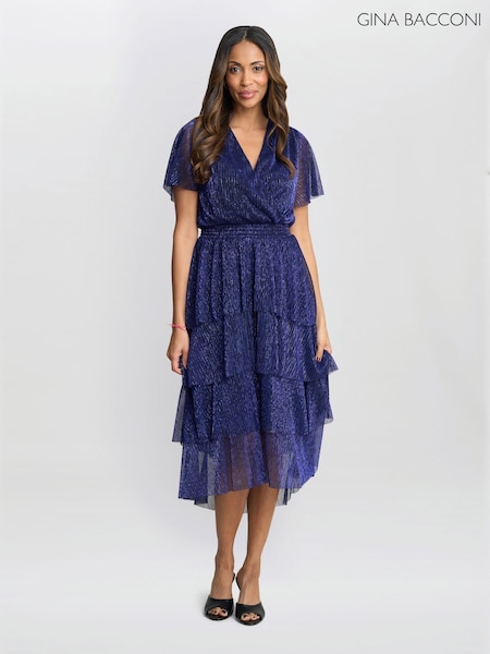 Синий - Gina Bacconi Cheri Metallic Knit Tiered Dress (F19507) | €146