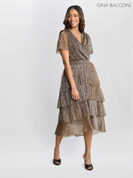 שחור - Gina Bacconi Cheri Metallic Knit Tiered Dress (F19510) | ‏1,106‏₪