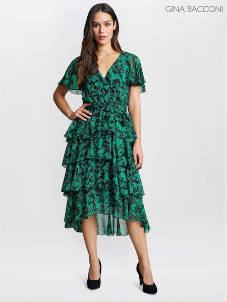 Gina Bacconi Green Lottie Elastic Waist Tiered Dress (F19512) | €147