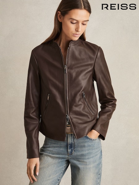 Suklaanruskea - Reiss Allie Leather Collarless Biker Jacket (F19673) | €517