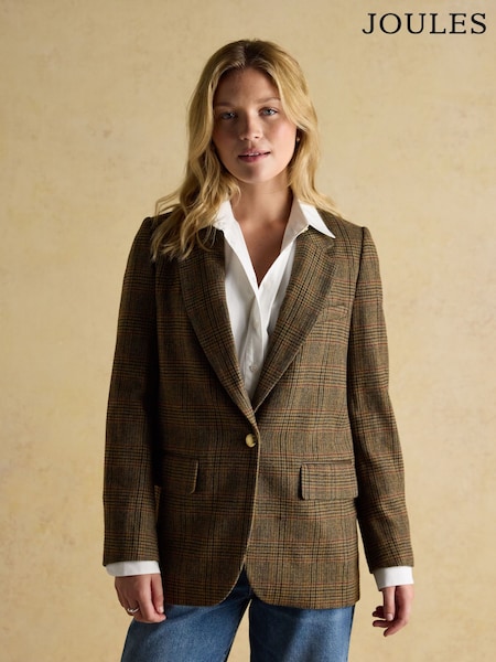Joules Hackmore Brown Check Relaxed Fit Tweed Blazer (F19719) | €211