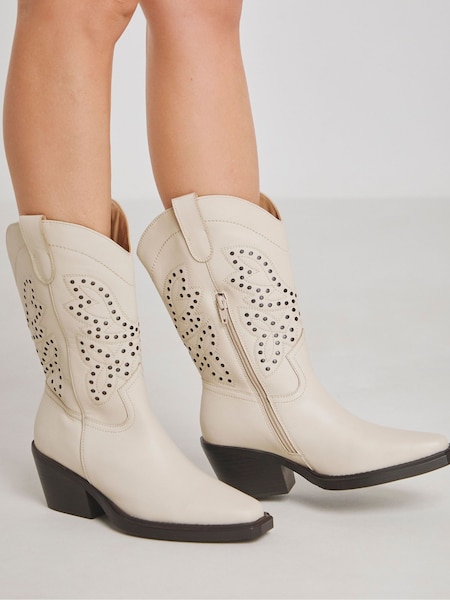 Simply Be Natural Wide Fit Laser Pattern Mid Calf Western Boots (F19766) | 371 QAR