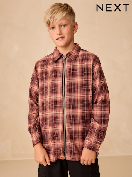 Rust Brown Long Sleeve Check Zip Thru Shirt (3-16yrs) (F19802) | €22.50 - €29