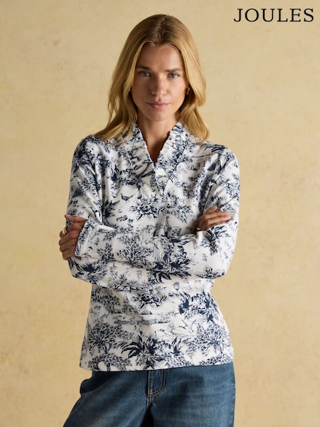 Joules Heidi Cream/Navy Toile de Jouy Frill Neck Jersey Fitted Top (F19861) | €64