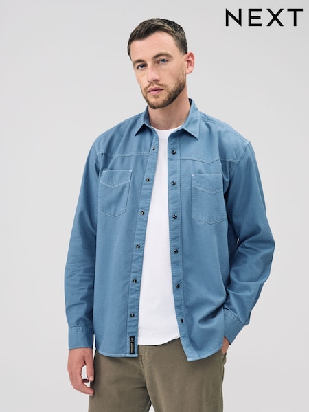 Azul - Twin Pocket Western Style Short Sleeve Shirt (F19949) | R$ 365