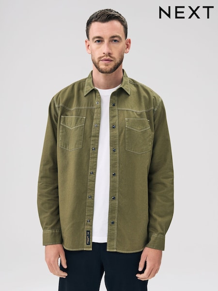 Verde cáqui - Twin Pocket Western Style Short Sleeve Shirt (F19952) | R$ 365