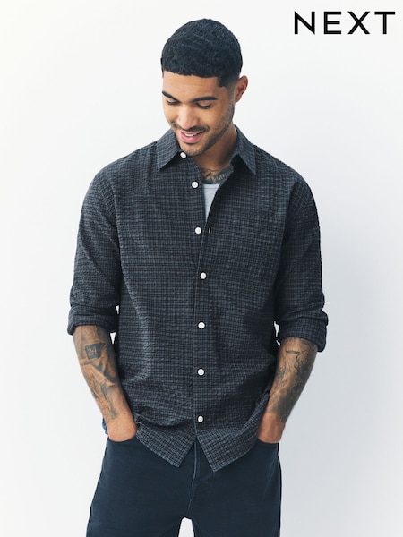 Indigo Blue Textured Check Long Sleeve Shirt (F19956) | AED153
