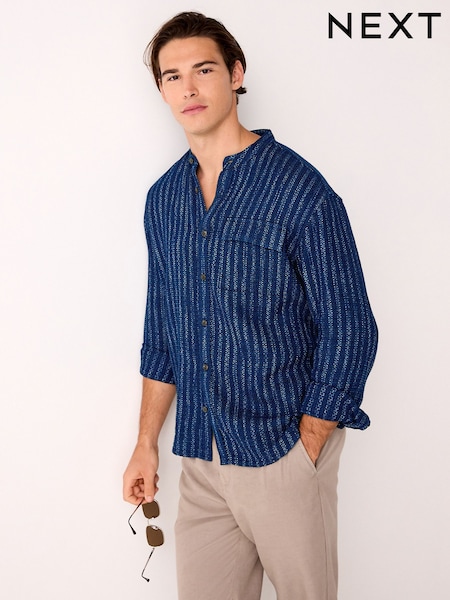 Темно-синий - Textured Stripe Long Sleeve Shirt (F19957) | €40