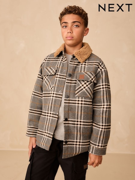 Grey Check Borg Collar Lined Shacket (3-16yrs) (F19963) | 148 QAR - 173 QAR