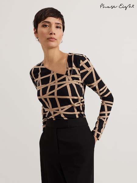 Phase Eight Black Lilah Asymmetric Ribbon Print Top (F20028) | R$ 485
