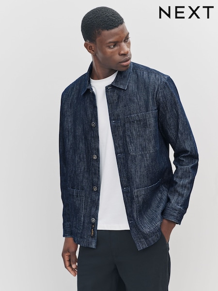 Indigo Blue 100% Cotton Stripe Chore Shacket Overshirt (F20030) | R$ 460