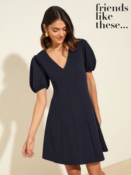Friends Like These Navy V-Neck Puff Sleeve Structured Mini Dress (F20073) | R$ 355