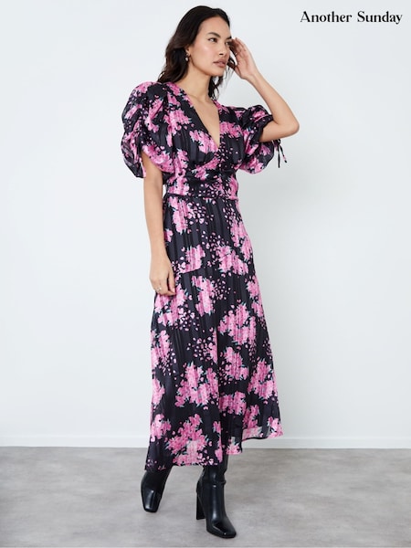 Another Sunday Black Floral Stripe Dress With Ruched Detail (F20096) | €39