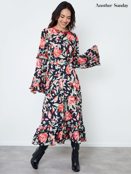 Another Sunday Frill Sleeve Midi Black Dress (F20097) | €102