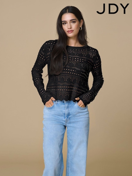 JDY Black Long Sleeve Knitted Crochet Boatneck Pullover Jumper (F20244) | ₪126